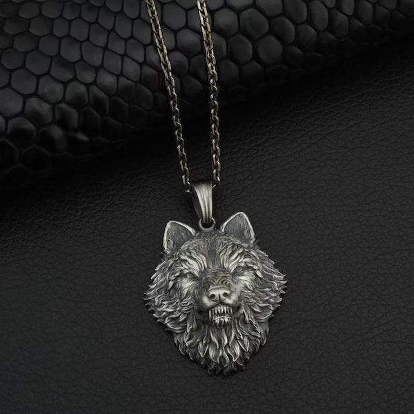 Angry Alpha Wolf Head Oxidized Mens Pendant Necklace