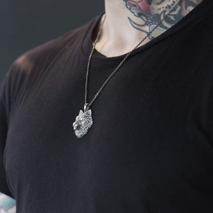Angry Alpha Wolf Head Oxidized Mens Pendant Necklace