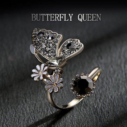 Vintage Baroque Crystal Coffee gold Butterfly Queen Ring