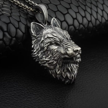 Angry Alpha Wolf Head Oxidized Mens Pendant Necklace