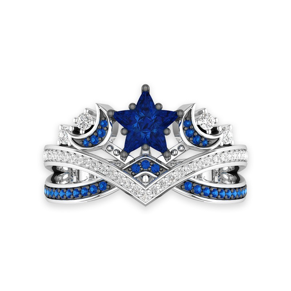 Crown Ring For Women Moon And Star Inspired Blue Sapphire Inlaid