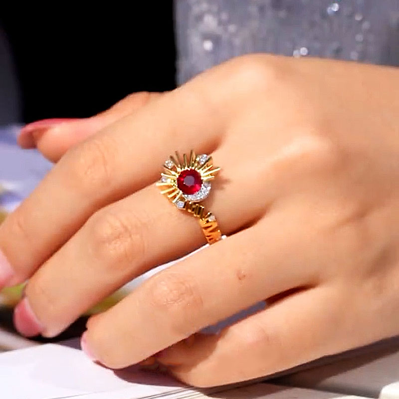 S925 Red diamond sun and moon ring