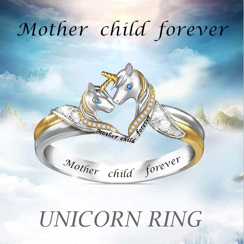 S925 Mother Child Forever Heart Unicorn Ring